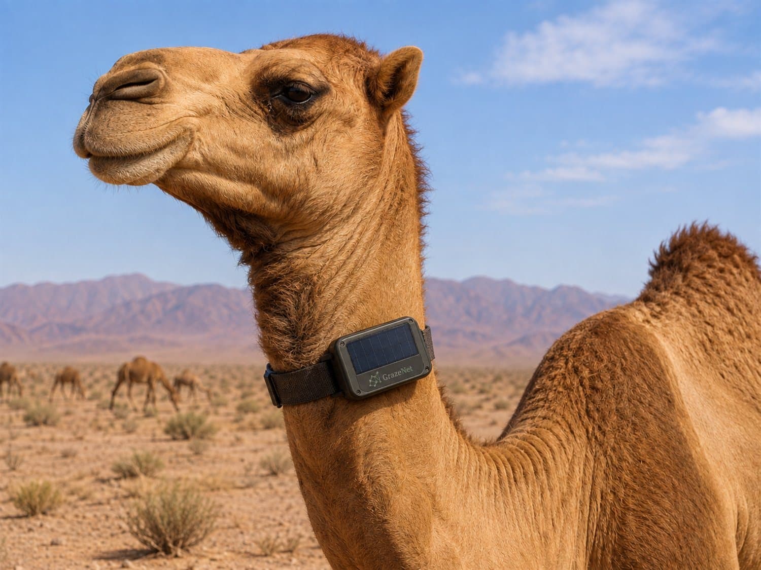A camel wearing a solar-assisted GrazeNet collar at mid-neck, grazing in open desert with the rest of the herd behind it